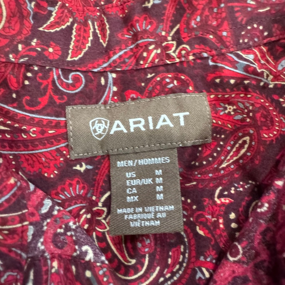 Ariat Mens Paisley Long Sleeve Button Down Shirt Red Burgundy Western Medium - Picture 2 of 8